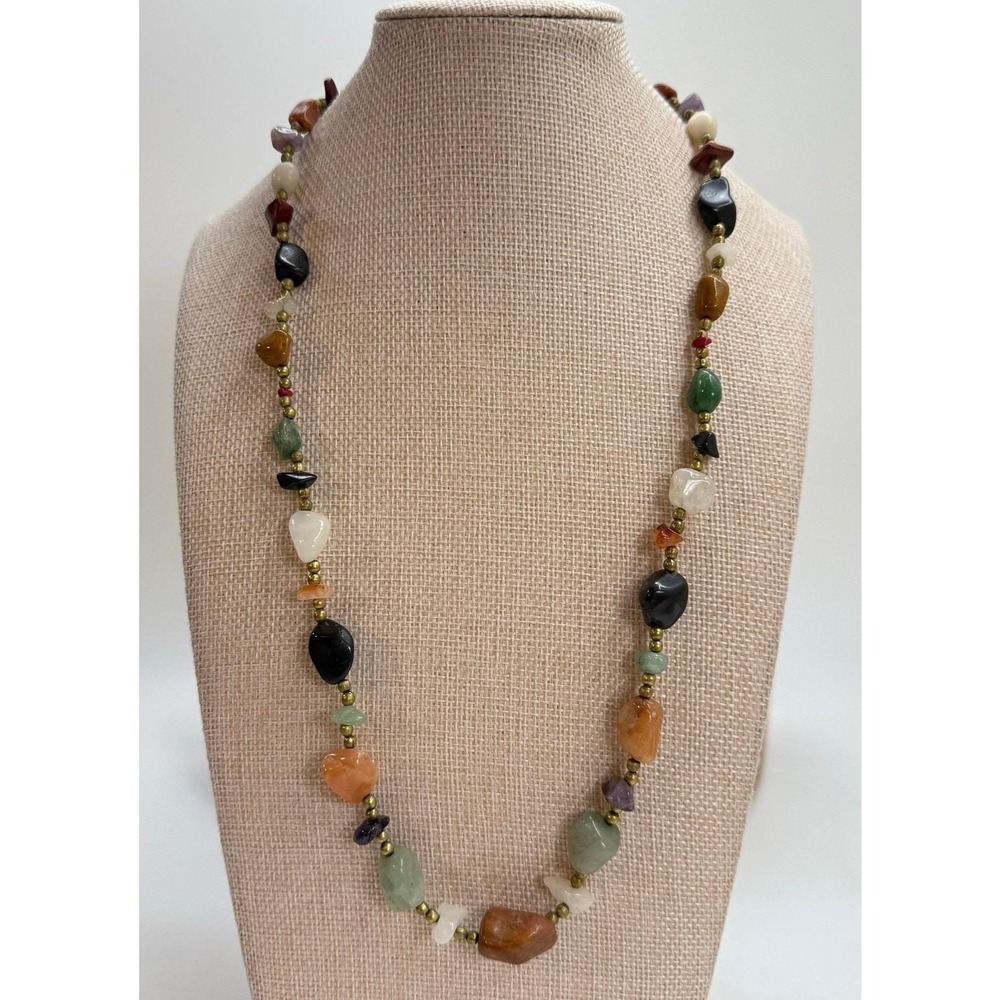 Vintage Beggars Beads Semi Precious Stone Necklace Brass Spacer Barrel Clasp 24"